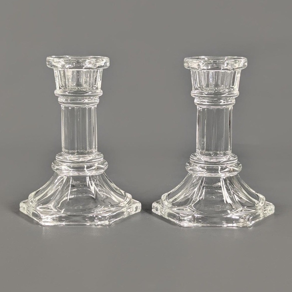 Vintage F.T.D.A. 4" Glass Candlestick Holders Hexagonal Base - Set Of 2